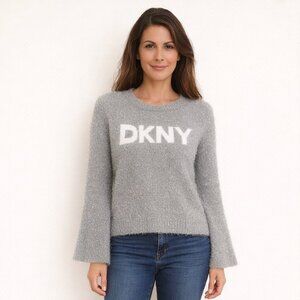 DKNY Gray Metallic Logo Sweater Size Small Bell Sleeves NWT